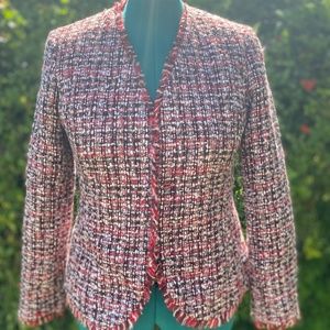 Doncaster  Red-Pink Multi Color Tweed Fringe Wool Blend Blazer Jacket SZ6